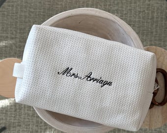 Personalized Waffle Makeup Bag | Custom Embroidered Mrs Last Name | Bridal Gift