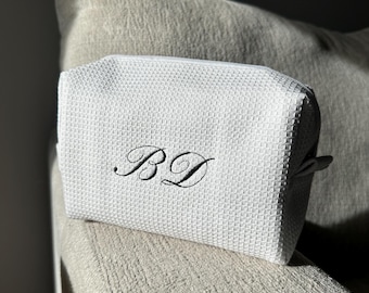 Personalized Waffle Makeup Bag | Custom Embroidered Initials | Bridesmaid Gift