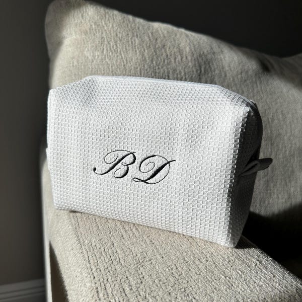 Personalized Waffle Makeup Bag | Custom Embroidered Initials | Bridesmaid Gift