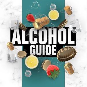 May include: A teal and white graphic with the words "ALCOHOL GUIDE" in large white letters. The image includes champagne corks, bottle caps, ice cubes, lemon slices, and strawberries. The top of the image has the words "FUTURE PROOF" and a logo.