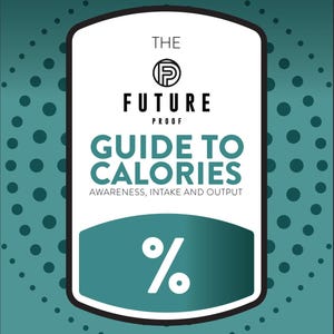 Puede incluir: Gráfico turquesa y blanco con el texto "THE FUTURE PROOF GUIDE TO CALORIES" y el símbolo de porcentaje. El fondo es turquesa con lunares blancos. La dirección del sitio web es www.futureproofapp.com.