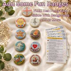 May include: Eight circular pin-back buttons with various colorful designs and text including Bride Recovery Team, Maid of Dis-Honour, A Solid Effort, Coordinator of the Chaos, I Come For The Willy, Tiny But Mighty, No Willy Left Behind, and Official Sausage Judge.