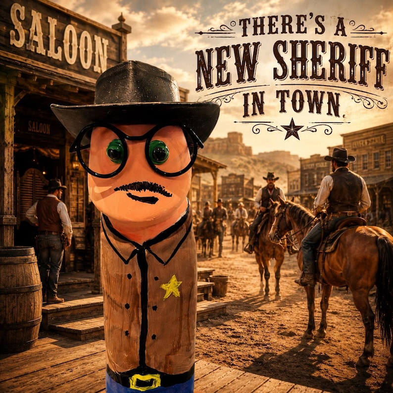 May include: A cylindrical wooden figure wearing a black cowboy hat, black-rimmed glasses, and a brown shirt with a yellow star badge. The figure has a painted mustache and is set against a Western town background with the text There's a New Sheriff in Town.