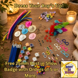 May include: A craft kit featuring colorful pipe cleaners, miniature hats in various colors, small eyeglasses, red lips, googly eyes, paintbrushes, paint pots, small pom-poms, and a Best in Show badge. The text reads Dress Your Boy's Up! and Free 25mm Best in Show Badge with Orders of 5 or More.