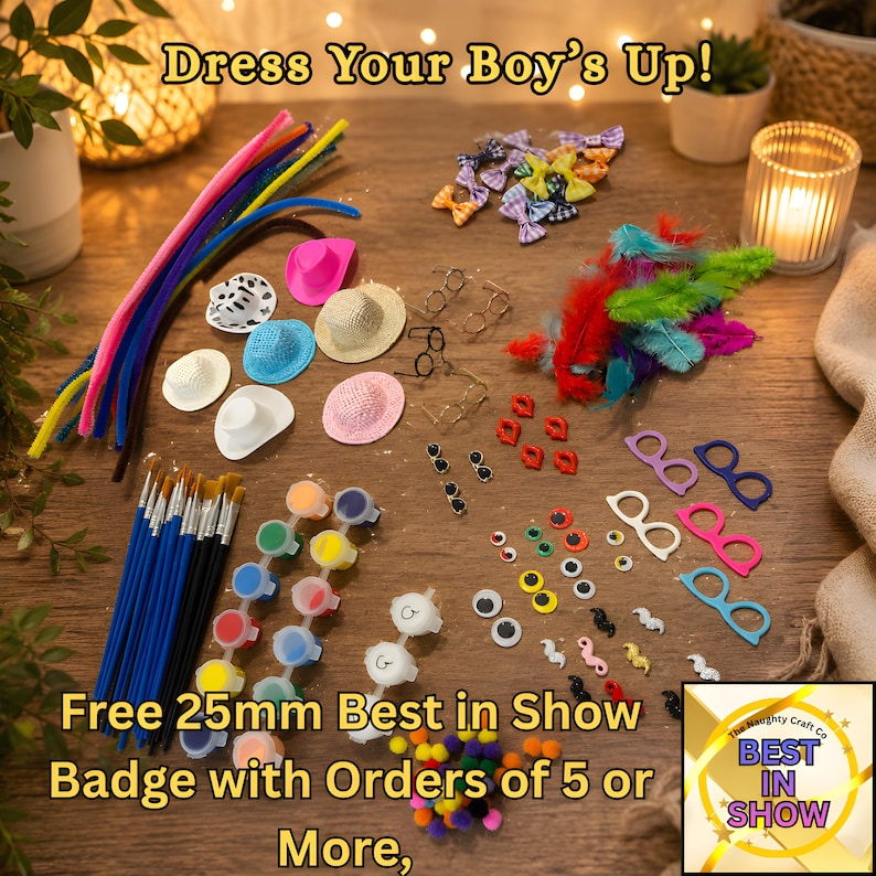 May include: A craft kit featuring colorful pipe cleaners, miniature hats in various colors, small eyeglasses, red lips, googly eyes, paintbrushes, paint pots, small pom-poms, and a Best in Show badge. The text reads Dress Your Boy's Up! and Free 25mm Best in Show Badge with Orders of 5 or More.