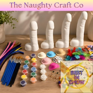 May include: A craft kit featuring four white phallic-shaped ceramic figurines, a set of paint pots, multiple paintbrushes, colourful pipe cleaners, small decorative hats, feathers, and accessories. The text "The Naughty Craft Co" and "BEST IN SHOW" appear.