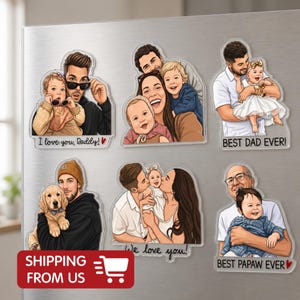 Personalized Portrait From Photo Dad And Kids Magnet, Custom Dad Photo Magnet, Fathers Day Gift For Dad, Gift For Husband, New Dad Gift