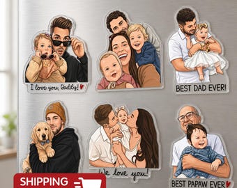 Personalized Portrait From Photo Dad And Kids Magnet, Custom Dad Photo Magnet, Fathers Day Gift For Dad, Gift For Husband, New Dad Gift