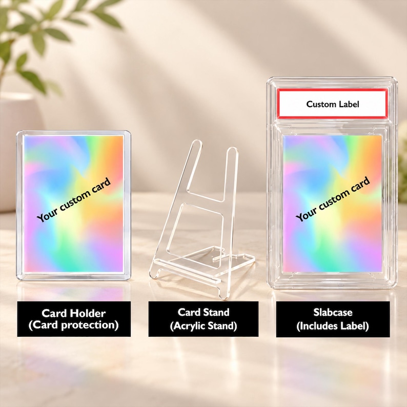 three custom-made card holders and stands, each with a unique design and label.