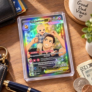 a Pokemon trading card with a man holding a child, surrounded by various items such as a cup, wallet, and pen.
