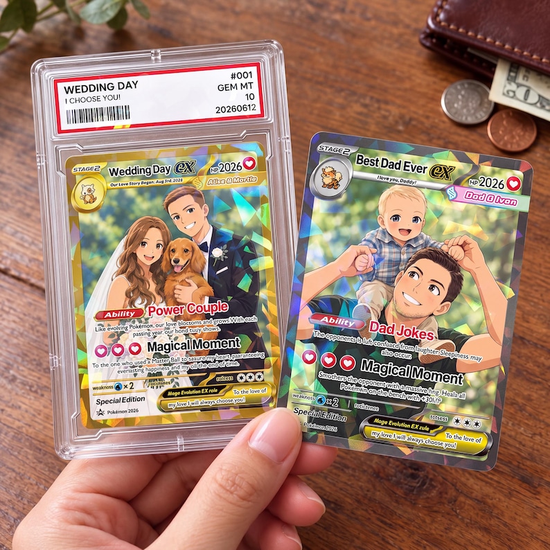A hand holding two Pokemon cards, one depicting a couple and the other a father and son, with a wallet and coins visible in the background.