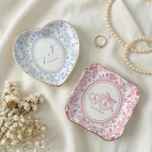 Personalized Toile De Jouy Ring Dish, Gift for Couple, Locked Jewelry Dish, Wedding Gift for Bride, Engagement Gift, First Anniversary image 8