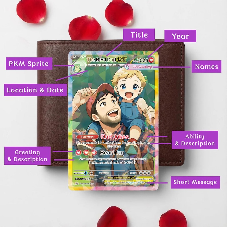 a Pokemon trading card with a man and a child, placed on top of a wallet. The card is labeled with various details such as "Title", "Year", "Names", "Location & Date", "Ability & Description", "Greeting & Description", "Short Message", and "Ability & Description".