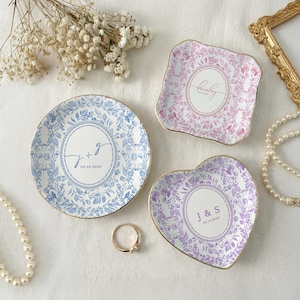 Personalized Toile De Jouy Ring Dish, Gift for Couple, Locked Jewelry Dish, Wedding Gift for Bride, Engagement Gift, First Anniversary image 2
