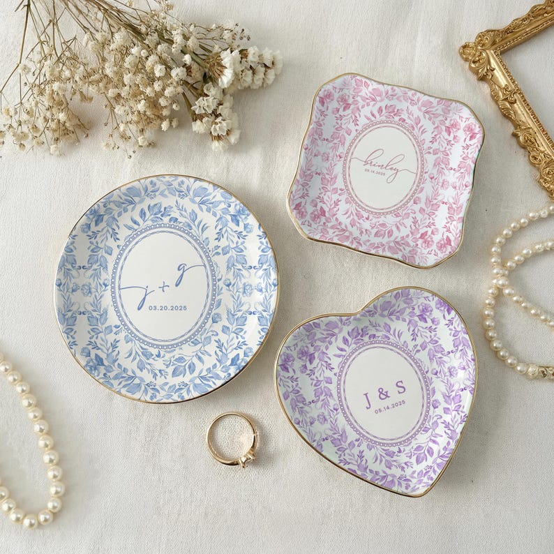 Personalized Toile De Jouy Ring Dish, Gift for Couple, Locked Jewelry Dish, Wedding Gift for Bride, Engagement Gift, First Anniversary image 2