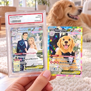 A hand holding a Pokemon trading card featuring a couple and a dog, with a price tag of $1,000.