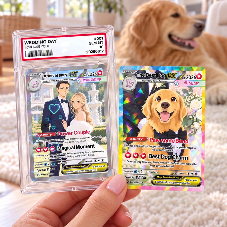 A hand holding a Pokemon trading card featuring a couple and a dog, with a price tag of $1,000.