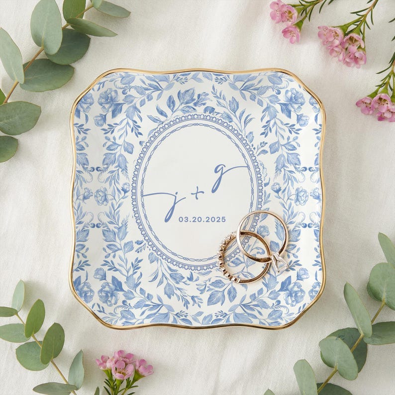 Personalized Toile De Jouy Ring Dish, Gift for Couple, Locked Jewelry Dish, Wedding Gift for Bride, Engagement Gift, First Anniversary image 5