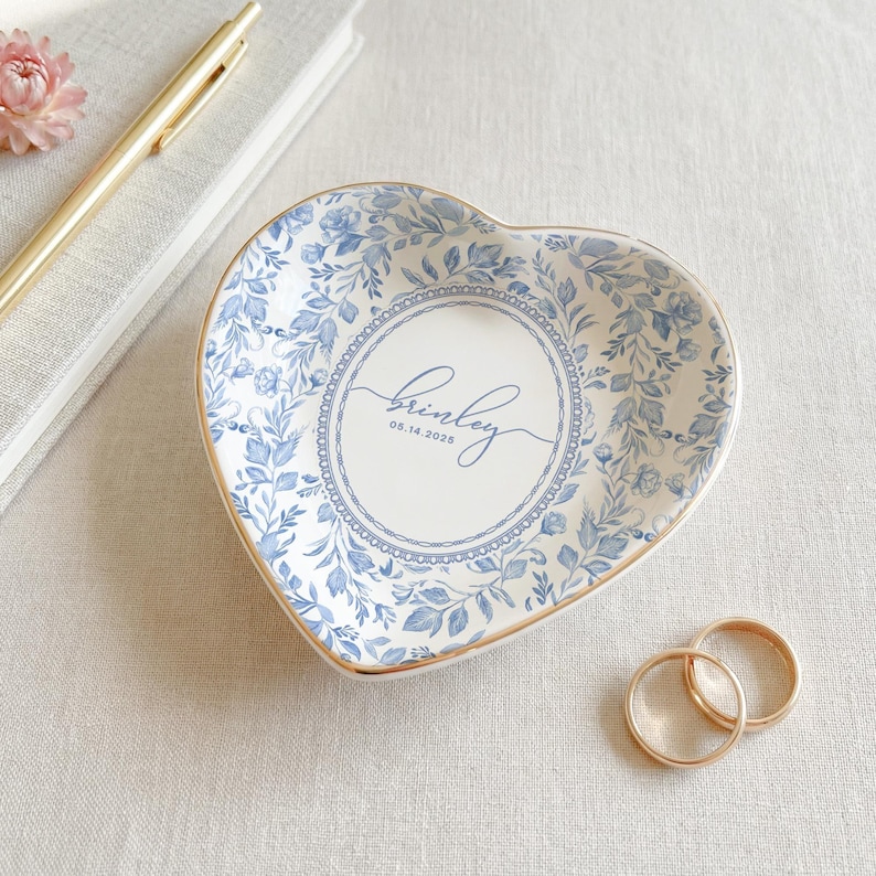 Personalized Toile De Jouy Ring Dish, Gift for Couple, Locked Jewelry Dish, Wedding Gift for Bride, Engagement Gift, First Anniversary image 6