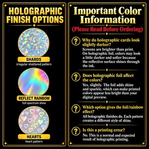 The image is a comparison of three different finishes of iridescent foil, including a shiny finish, a rainbow finish, and a hearts pattern. The image provides information about the finishes and their effects on the colors of the foil.