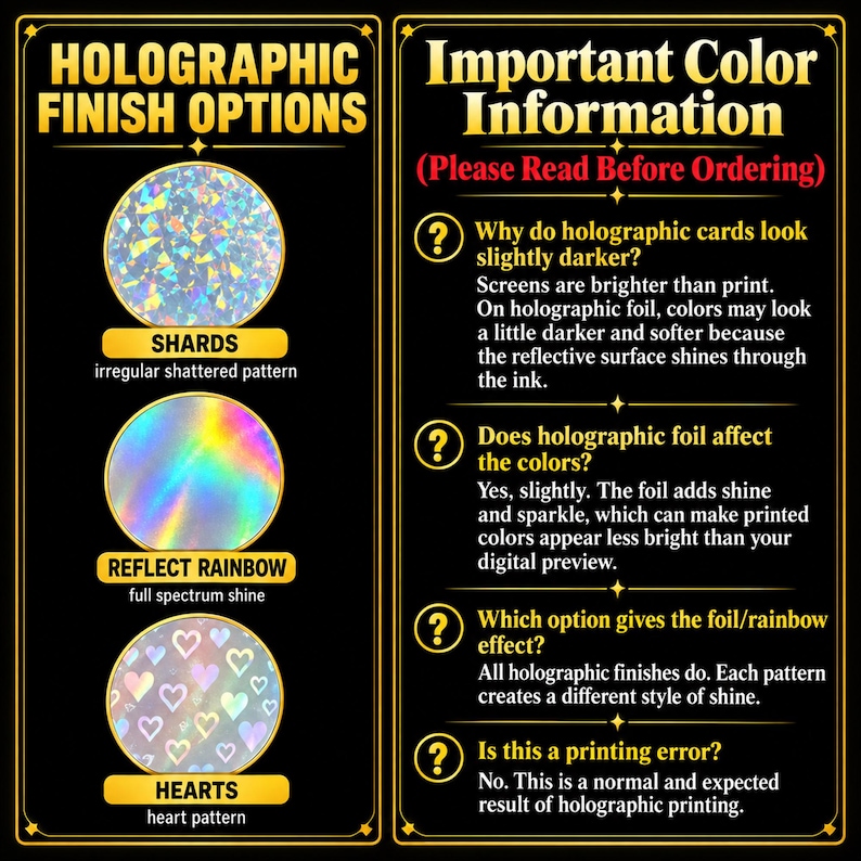 The image is a comparison of three different finishes of iridescent foil, including a shiny finish, a rainbow finish, and a hearts pattern. The image provides information about the finishes and their effects on the colors of the foil.