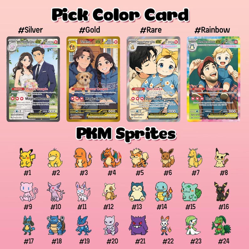 The image is a collage of four Pokémon trading card images, each featuring different Pokémon characters. The cards are labeled with their respective Pokémon names and are arranged in a grid format.