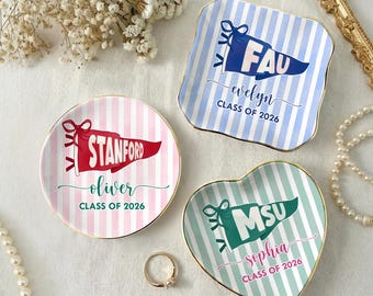 Custom School Pennant Flag Ring Dish: Class of 2026 Graduation Gift, College University Pride Spirit Gift, Senior Striped Tray for Her