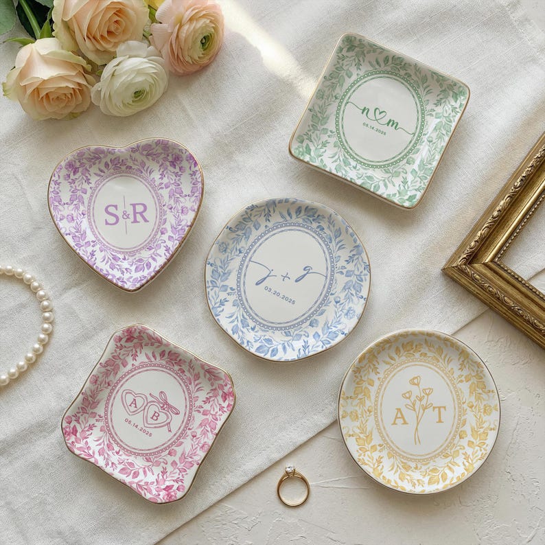 Personalized Toile De Jouy Ring Dish, Gift for Couple, Locked Jewelry Dish, Wedding Gift for Bride, Engagement Gift, First Anniversary image 7