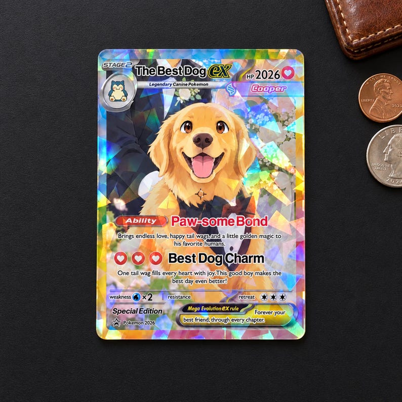 A colorful Pokémon trading card featuring a golden retriever dog, with various stats and abilities displayed.