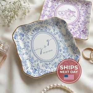 Personalized Toile De Jouy Ring Dish, Gift for Couple, Locked Jewelry Dish, Wedding Gift for Bride, Engagement Gift, First Anniversary