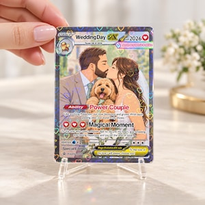 A hand holding a personalized wedding day card featuring a couple kissing a dog.