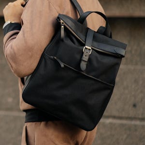 Black Mens Backpack, Canvas Rolltop Bag, Laptop Backpack, Mens Office Bag, Canvas Leather Backpack, City Backpack, Travel Backpack Men