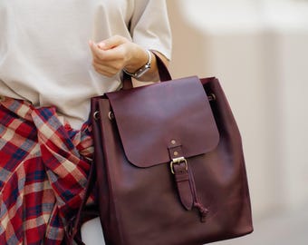 Personalized Leather Backpack for Women, Minimalist Laptop Rucksack, Burgundy Leather Bag, Everyday Backpack Purse, Custom City Bag