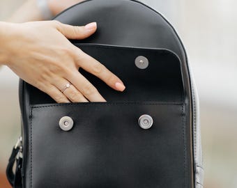 Personalized Leather Backpack, Custom Engraved Black Rucksack, Monogrammed Small Bag, Graduation Gift for Daughter, Gold Foil Initials Bag