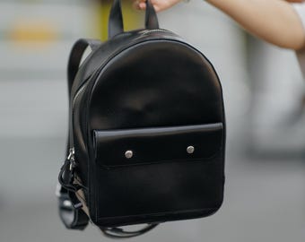 Small Black Leather Backpack for Women, Minimalist City Rucksack, Genuine Leather Everyday Bag, Personalized Leather Purse, Gift for Her
