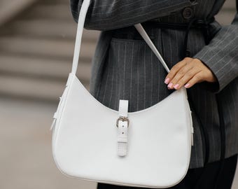 Minimalist Leather Half Moon Bag for Women, Handmade Casual Shoulder Bag, Genuine Leather Everyday Purse with Zipper, Ladies Gift Idea