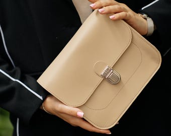 Minimalist Leather Crossbody Bag for Women, Handmade Shoulder Purse in Black Red White Beige, Small Everyday Satchel with Suede Interior