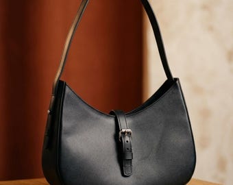 Leather purse, Black half moon bag, Women shoulder bag, Leather city bag, Small leather white purse, Personalized top handle bag