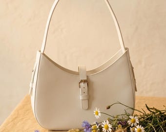 White Leather Half Moon Bag, Minimalist Crescent Shoulder Bag, Elegant Leather Purse, Small Structured Handbag, Everyday Classic Bag