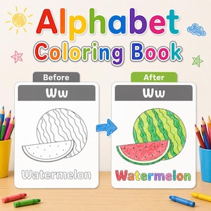 Puede incluir: Una página de libro para colorear el alfabeto que muestra una comparación de antes y después de la letra W para sandía. El lado izquierdo presenta un dibujo lineal en blanco y negro, mientras que el derecho muestra la misma imagen coloreada en verde, rojo y negro.