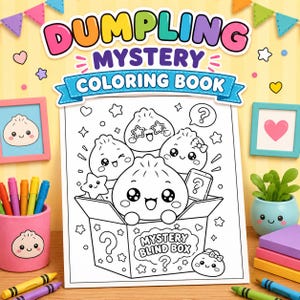 Puede incluir: Un "Dumpling Mystery Coloring Book" con temática de dibujos animados. La portada presenta personajes de dumplings y el texto "Mystery Coloring Book". La imagen incluye un portalápices rosa, crayones y una pequeña planta en maceta.