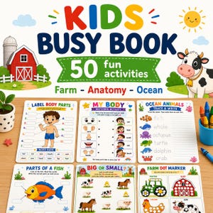 Puede incluir: Un colorido "KIDS BUSY BOOK" con 50 actividades divertidas. El libro incluye actividades de aprendizaje sobre la granja, la anatomía y el océano. Incluye el etiquetado de las partes del cuerpo, actividades de emparejamiento y el trazado de nombres de animales marinos. Con granja roja, vaca y tractor.