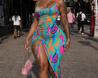 Bodycon Midi Dress, Colorful Geometric Print, Ruched Side Slit, Spaghetti Strap Summer Streetwear