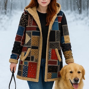 Puede incluir: Un abrigo de patchwork multicolor con capucha y forro de piel sintética beige. El abrigo presenta varios estampados de tela en rojo, azul, negro y amarillo. Una persona lleva el abrigo y pasea a un perro golden retriever en un entorno nevado.
