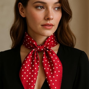May include: A red silk scarf with white polka dots is tied around the neck. The scarf is a vibrant red color and the white dots are evenly spaced. The scarf is paired with a black top.