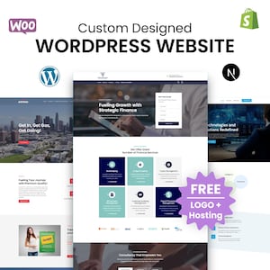 以下が含まれることがあります： カスタムデザインされたWordPressウェブサイトのプロモーション画像。画像には、さまざまなレイアウトとデザインの複数のウェブサイトモックアップが表示されています。「Custom Designed WordPress Website」、「Free Logo + Hosting」、およびウェブサイトのコンテンツ例が含まれています。