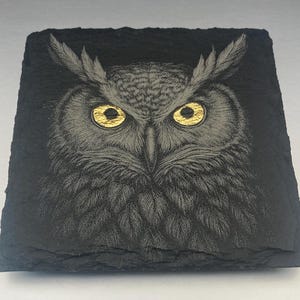 Peut inclure: Sous-verre carré en ardoise noire avec une illustration de hibou. Le hibou a des yeux jaune doré et des plumes détaillées. Le dessous de verre est un objet de décoration unique. Dimensions : environ 10 cm x 10 cm.