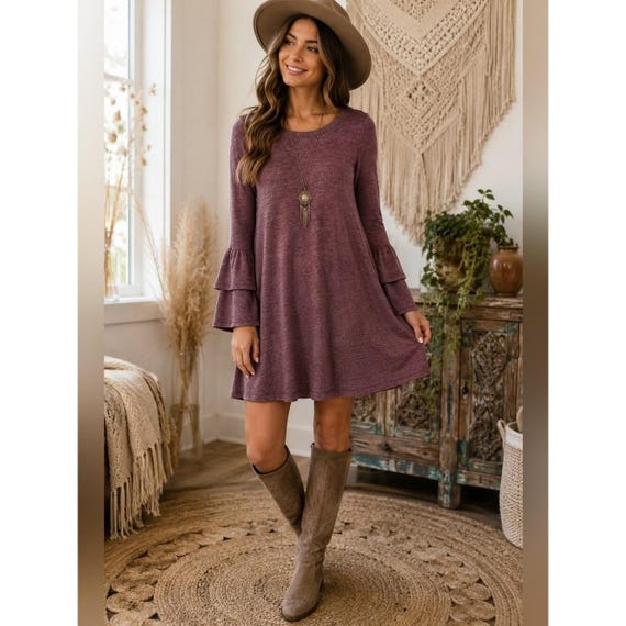 loft boho dress Mauve Ruffle Sleeve Swing Knit Tunic Small Number of days:8 day rental Garment Care garment:dress Velvet blazer jacket dress