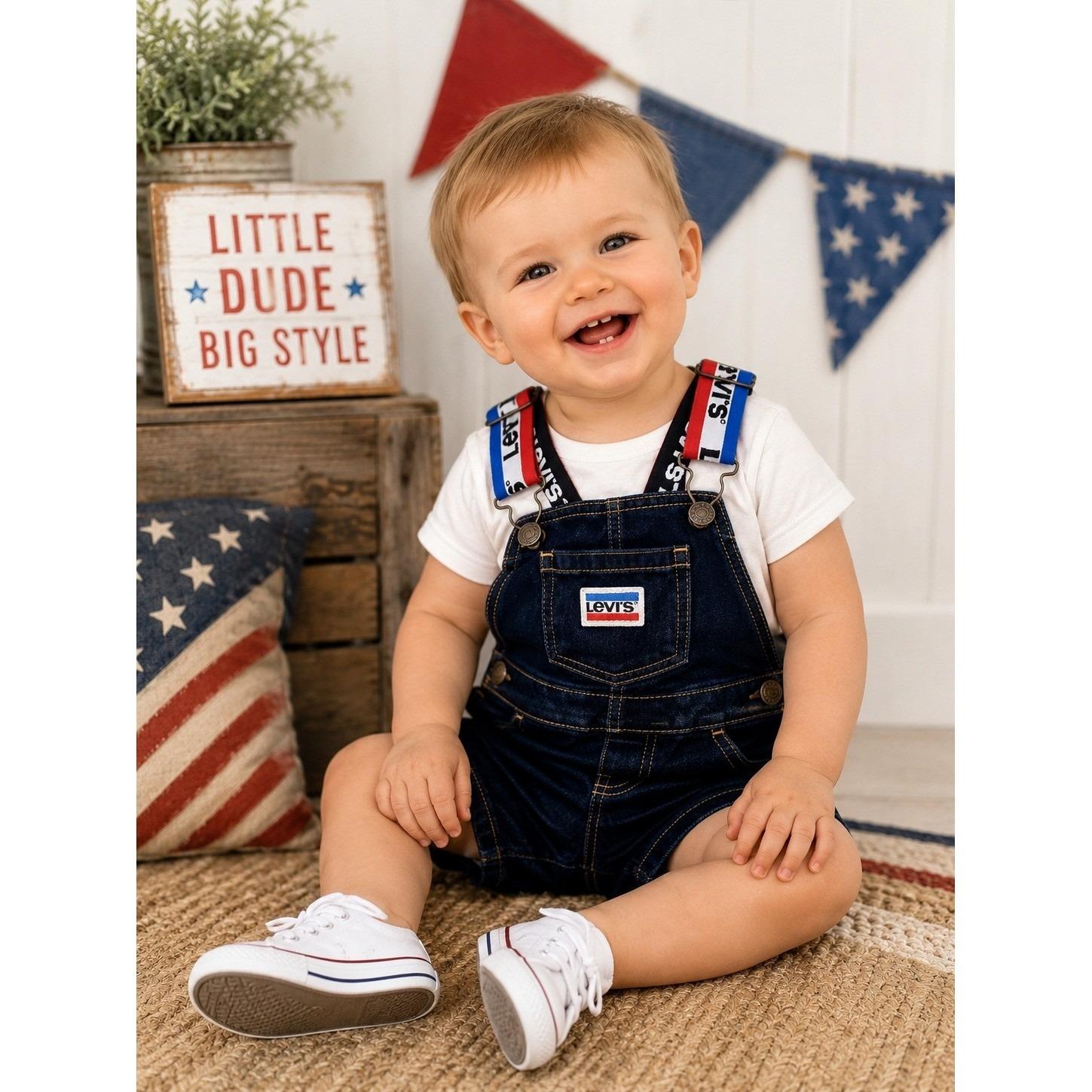 Levi's Baby Denim Shortalls 24M Logo Strap Overalls Dark Wash Cotton 2T