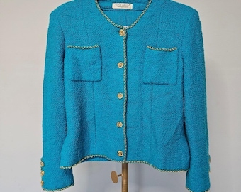 Chaqueta elegante de tweed azul vintage de Van Lear Haute Couture con cadena dorada (talla pequeña)